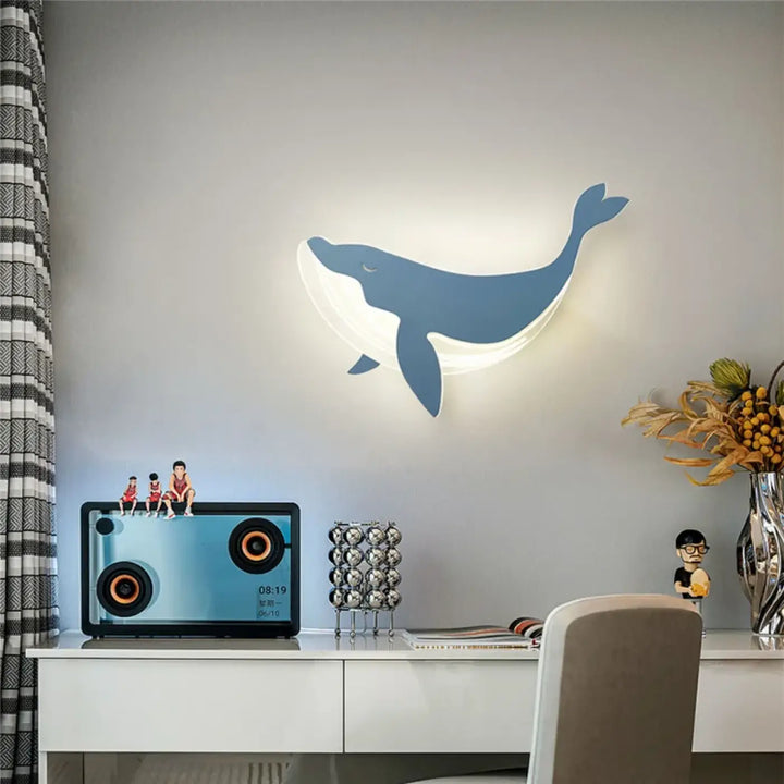 Applique murale moby en forme de baleine bleue avec lumière tamisée intérieure blanche murale led ludique
