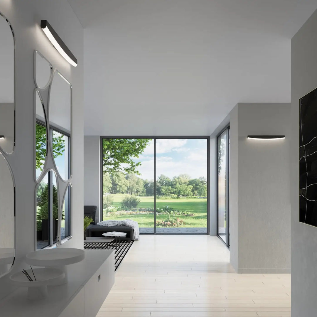 Applique murale jorun 3000k noir dans une salle de bain moderne avec luminaire à led et couleurs d’éclairage réglables