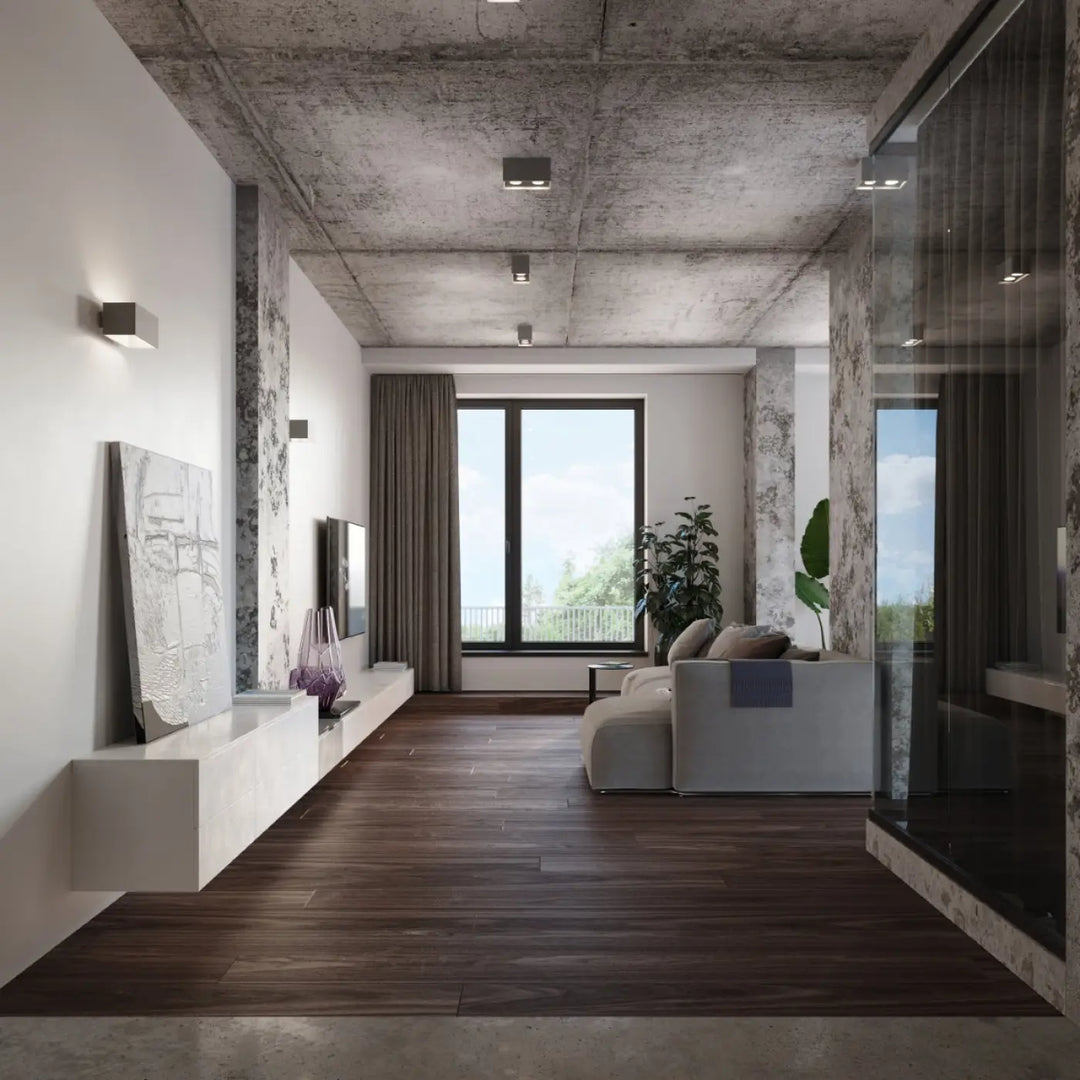 Applique murale quad maxi noir en bois naturel dans un salon moderne minimaliste avec plafond en béton apparent