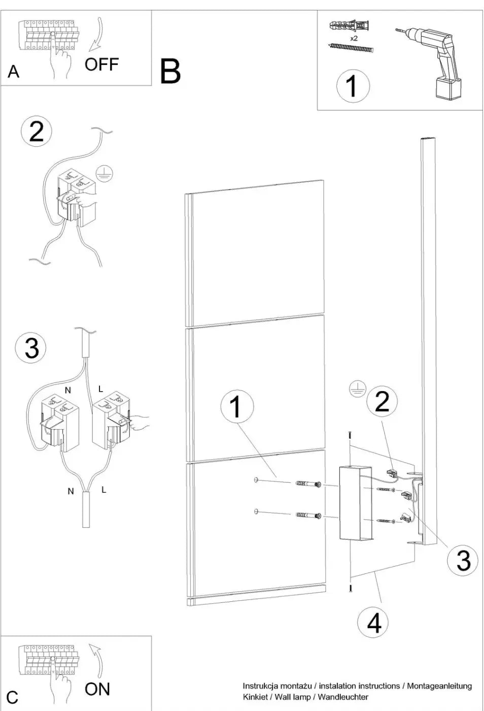 Applique murale lahti m 4000k noire avec boîtier étroit et module led à trois panneaux verticaux vissés au mur