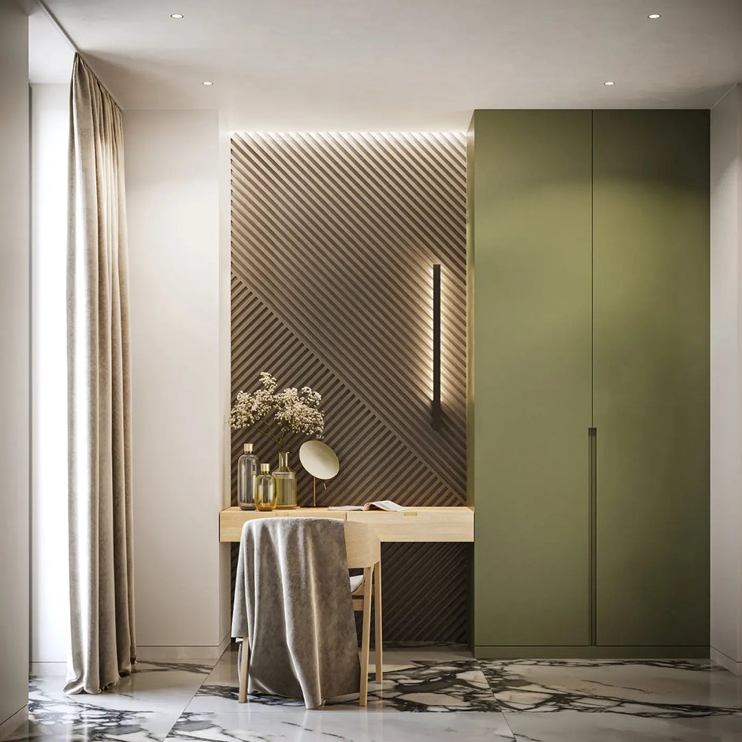 Applique murale lahti s 3000k noir avec boîtier étroit et module led sur meuble vert olive moderne à poignées verticales
