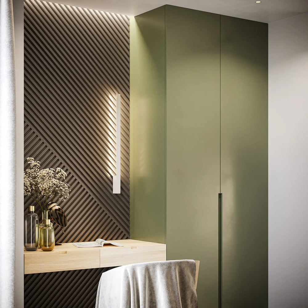 Applique murale lahti m 3000k blanc près d’un dressing olive minimaliste avec poignées verticales élégantes solutions imprévisibles