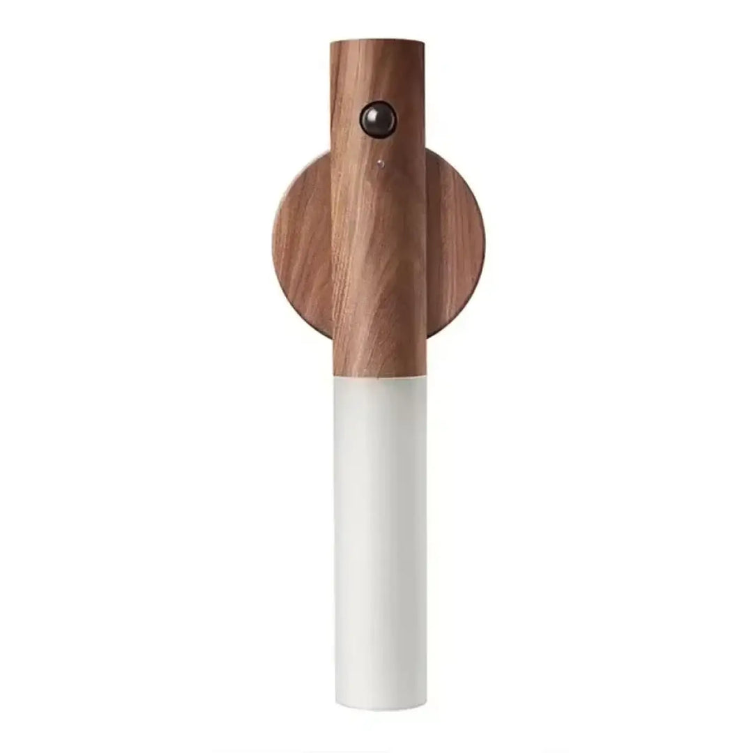 Applique murale aelys en bois et blanc cylindre design avec base circulaire en bois pour l’esthétique nordique