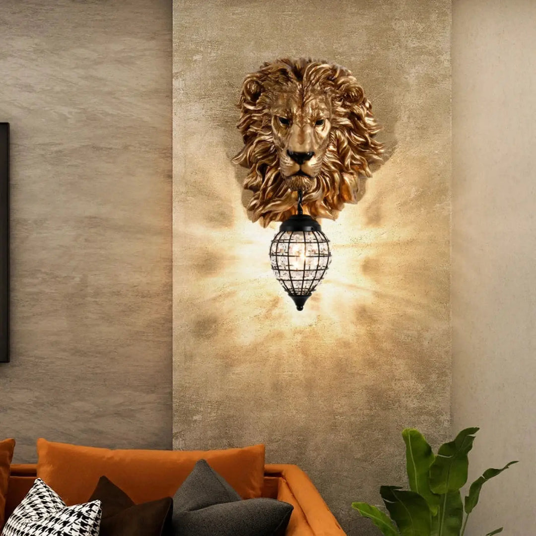 Applique murale lion tête sculptée lumineuse effet sculptural
