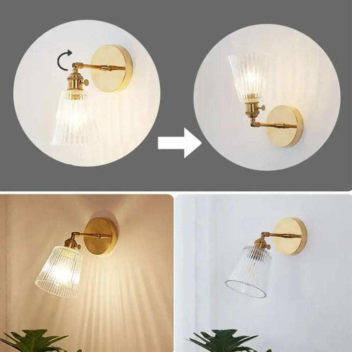 Applique murale en métal doré avec abat-jour strié en verre moderne