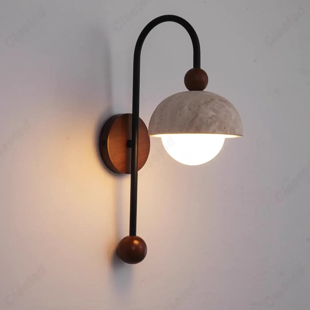 Applique murale rayora en métal noir et bois avec diffuseur effet marbre blanc en forme de dôme en pierre texturée