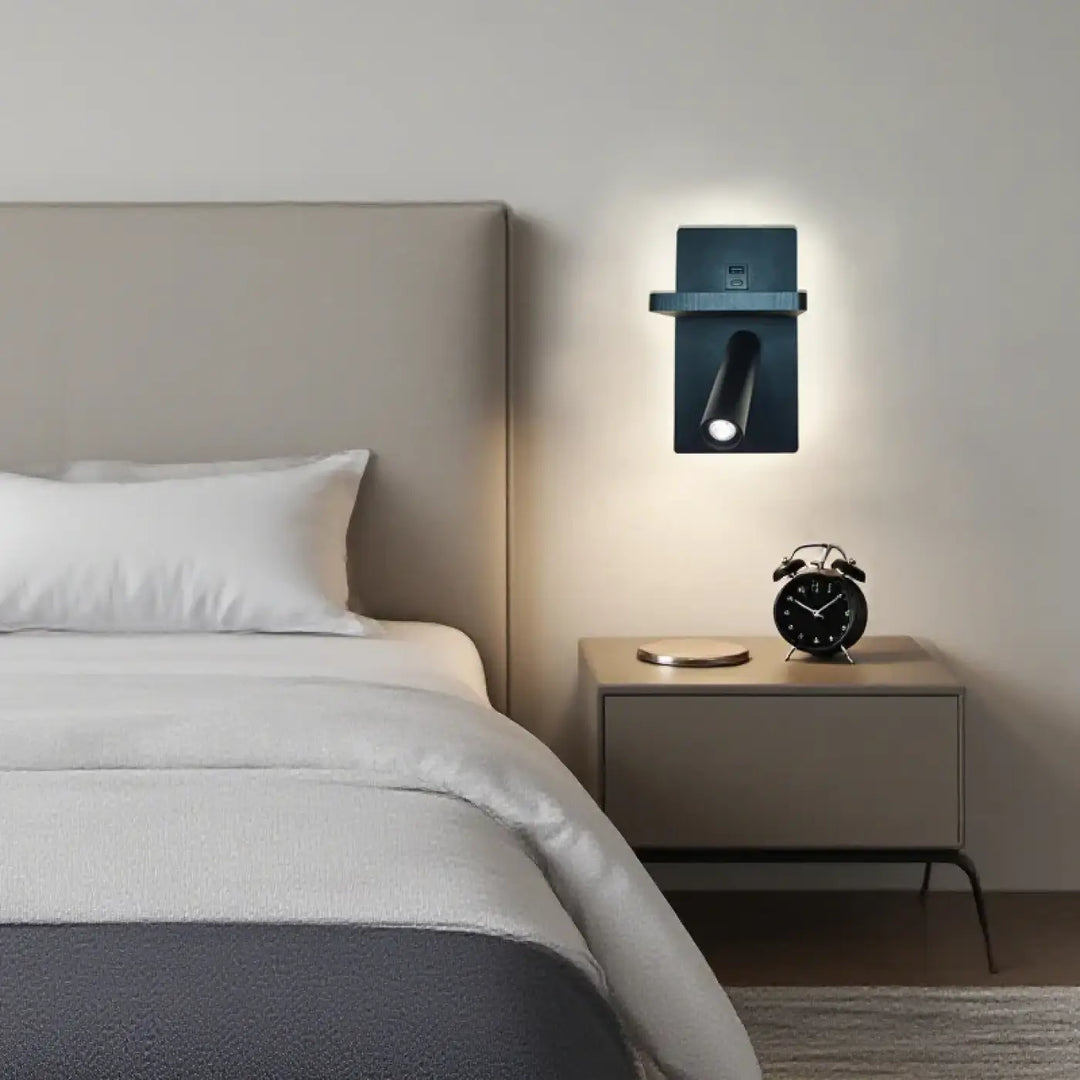 Applique murale moderne noire avec design rectangulaire élégant et spot ajustable pour lecture murale sanil