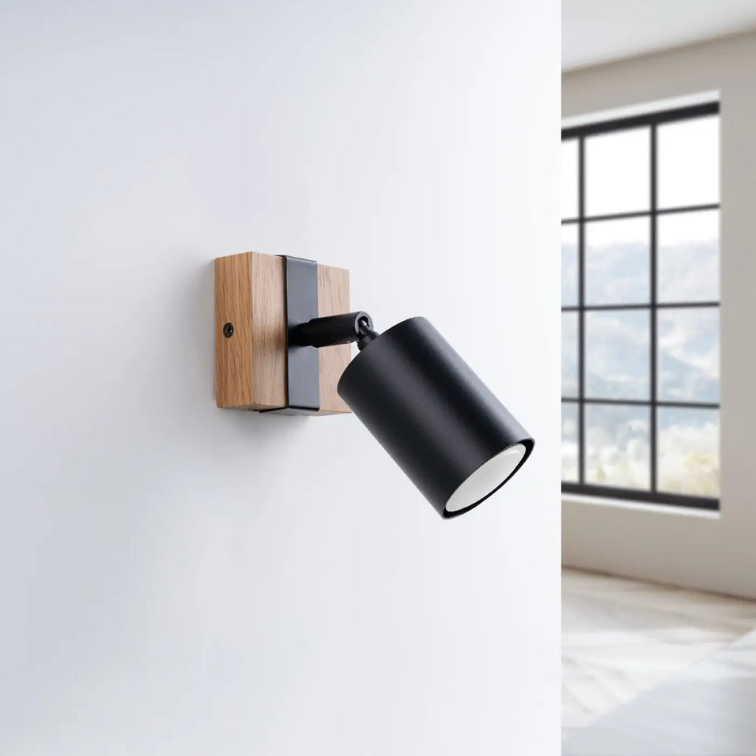 Applique murale fager 1 noir avec lampe directionnelle fager cylindrique et boîtier moderne en bois et noir mat