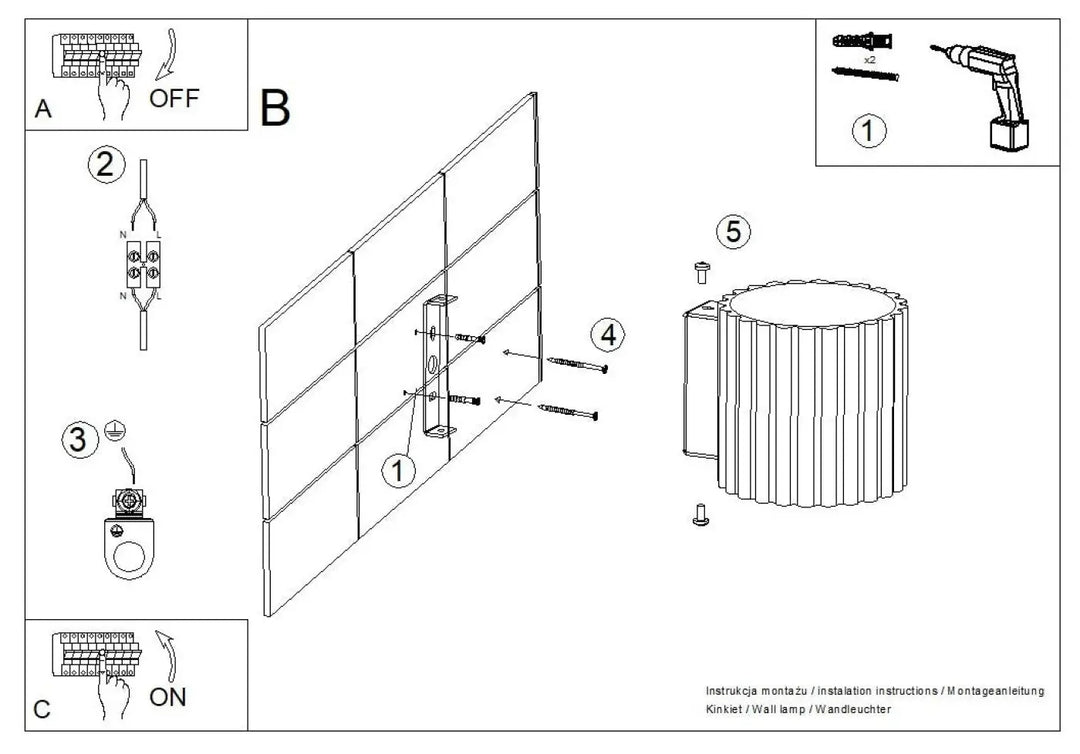 Applique murale aura noir avec forme unique inspirée, cylindre à stries verticales en diagramme dinstallation technique