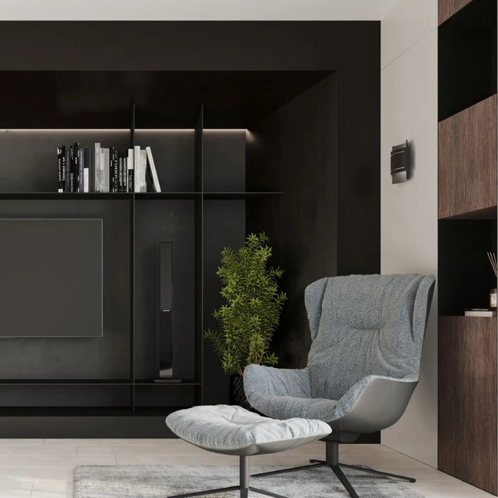 Fauteuil gris avec ottoman assorti en tissu moderne et pieds métal pour un design original lampe murale hestia noir
