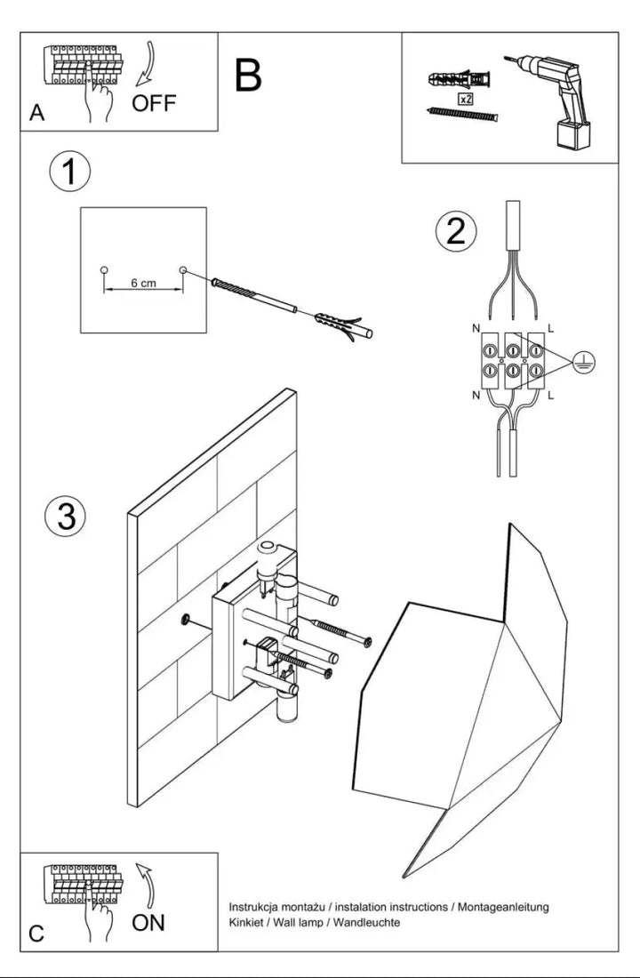 Schéma d’assemblage de l’applique muraleTRE noir avec composants étiquetés pour installation d’une lampe murale intemporelle