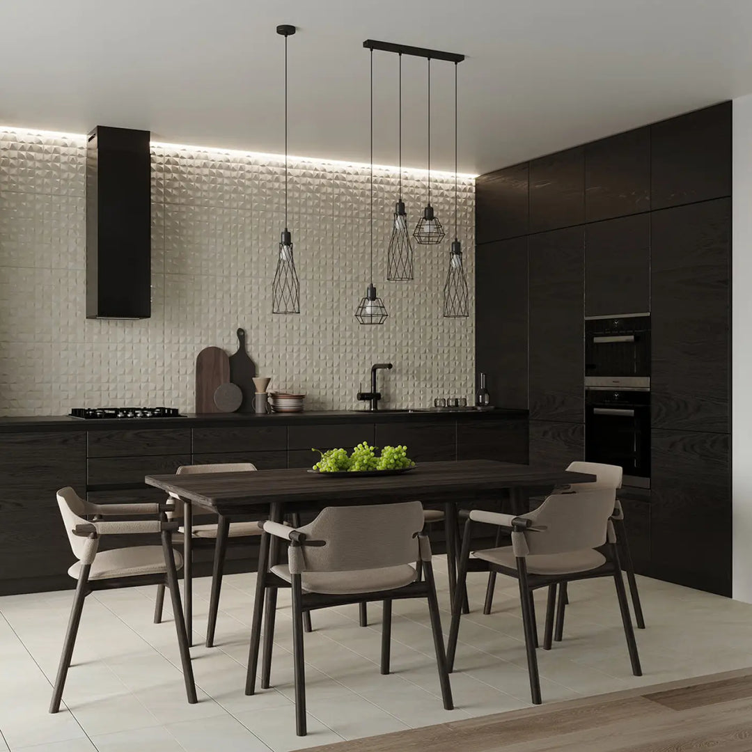 Applique murale suba noir avec style loft suspendue au-dessus d’une table à manger en bois foncé minimaliste brièvement décrire