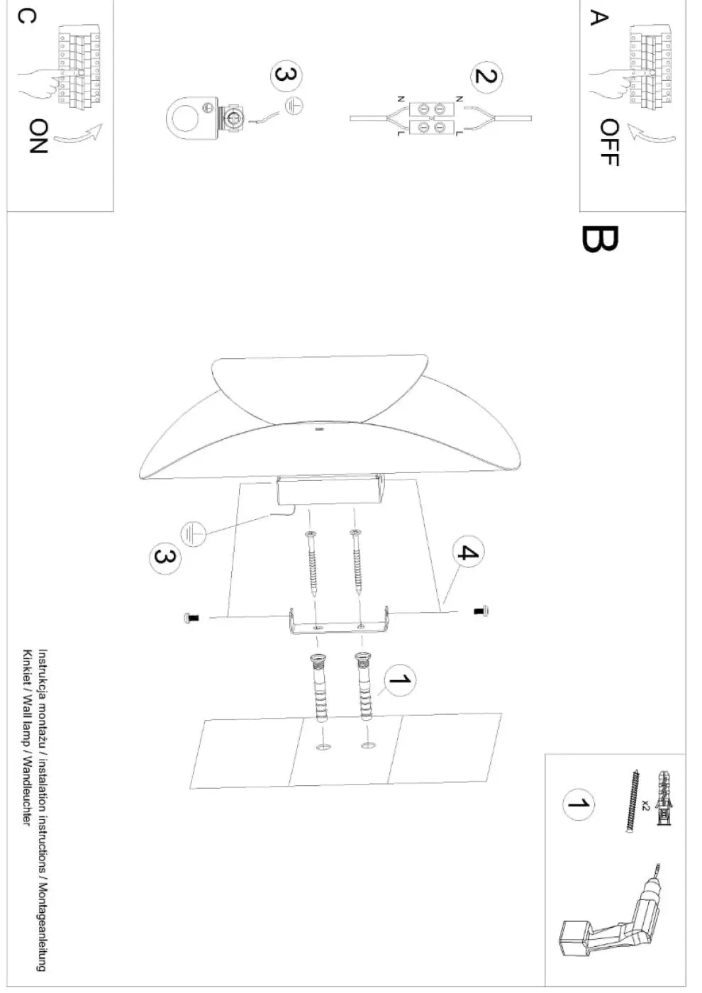 Diagram d’assemblage de l’applique murale tear noir avec vis et matériel de montage pour solutions surprenantes murale tear