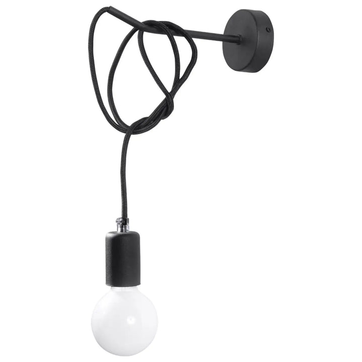 Applique murale edison noir avec bras métallique mat, cordon tressé noir et ampoule en verre dépoli rend hommage aux meilleures traditions minimalistes