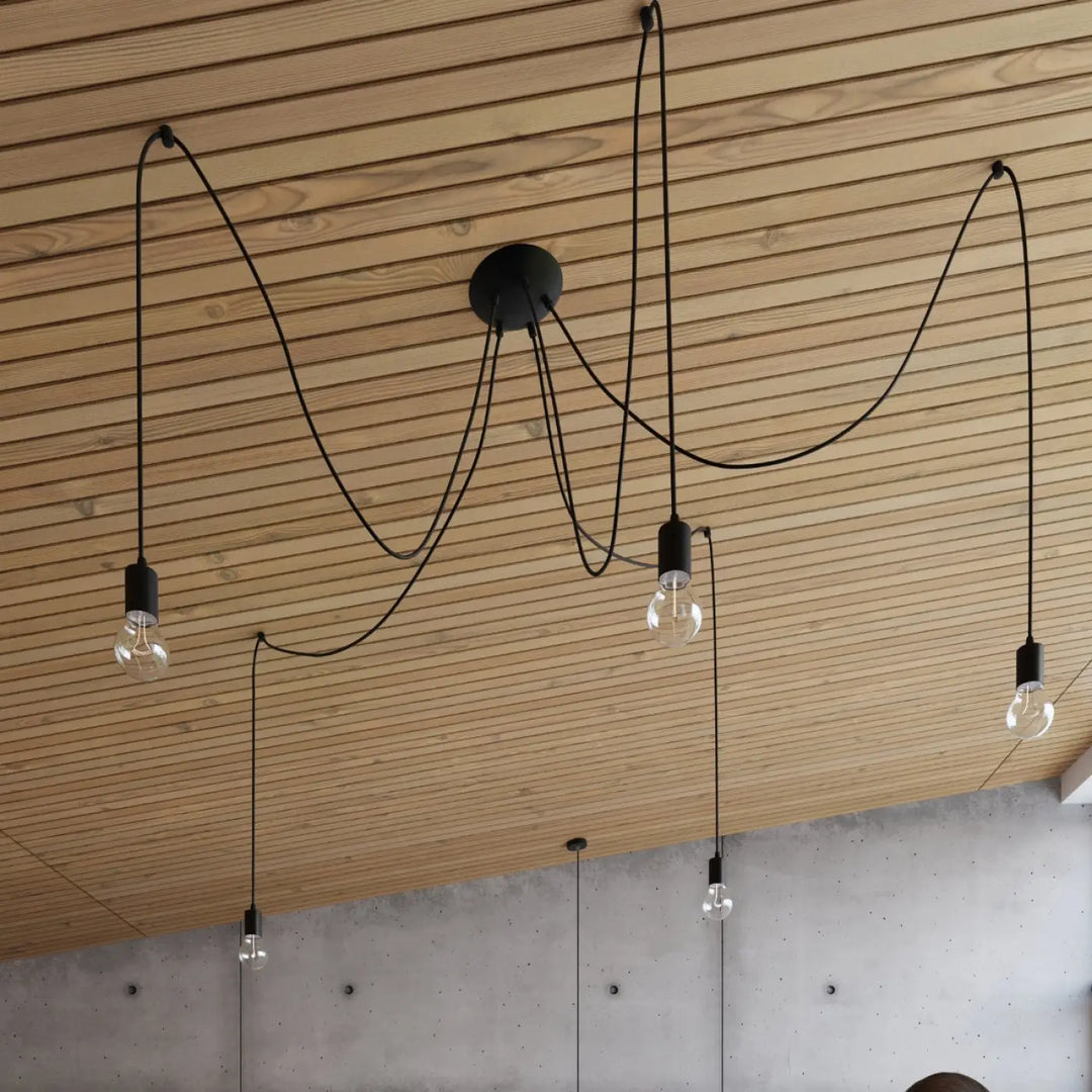 Applique murale edison noir avec lampe suspendue edison et multiples ampoules apparentes à cordons flexibles