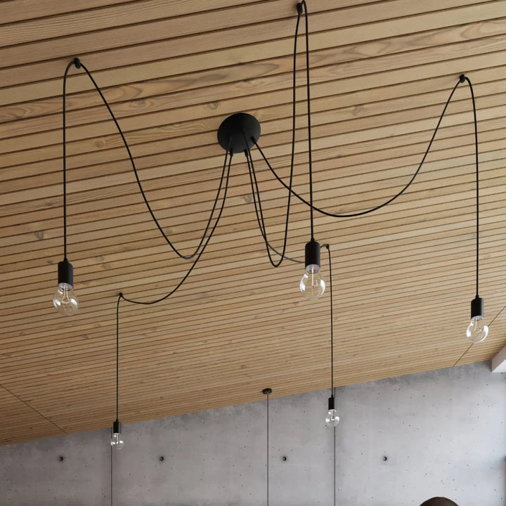 Applique murale edison noir avec lampe suspendue edison et multiples ampoules apparentes à cordons flexibles