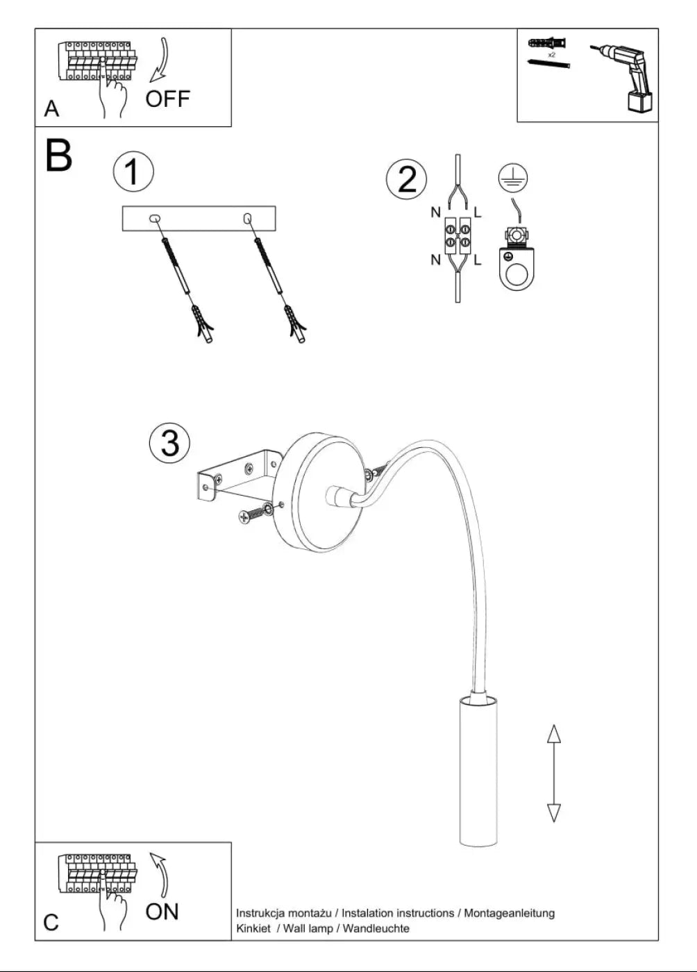 Diagramme dinstallation de lapplique murale minimaliste série axil noir avec support de fixation et connexions électriques