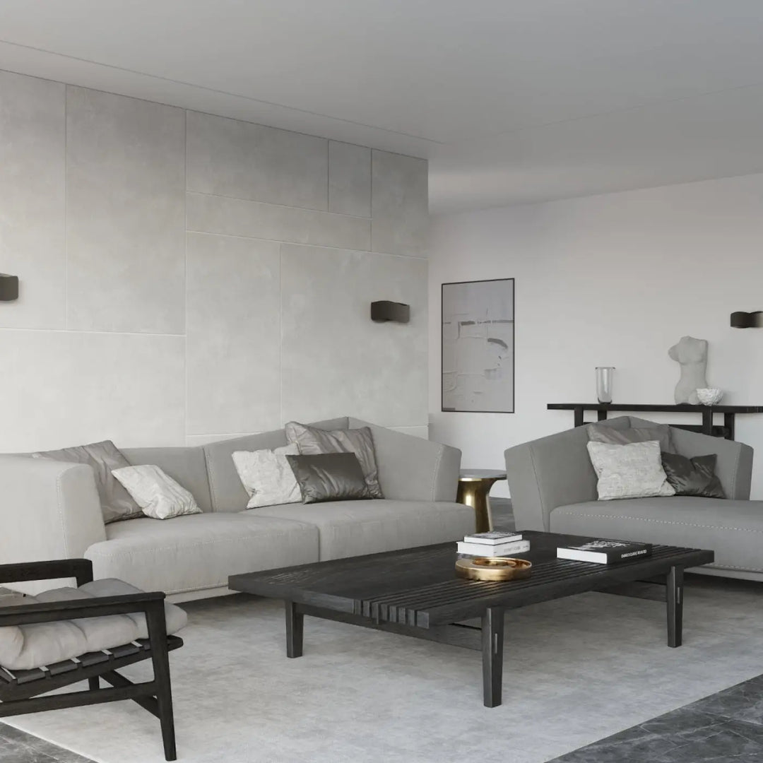 Applique murale tila 30 noir design original avec canapé sectionnel gris moderne et table basse en bois sombre