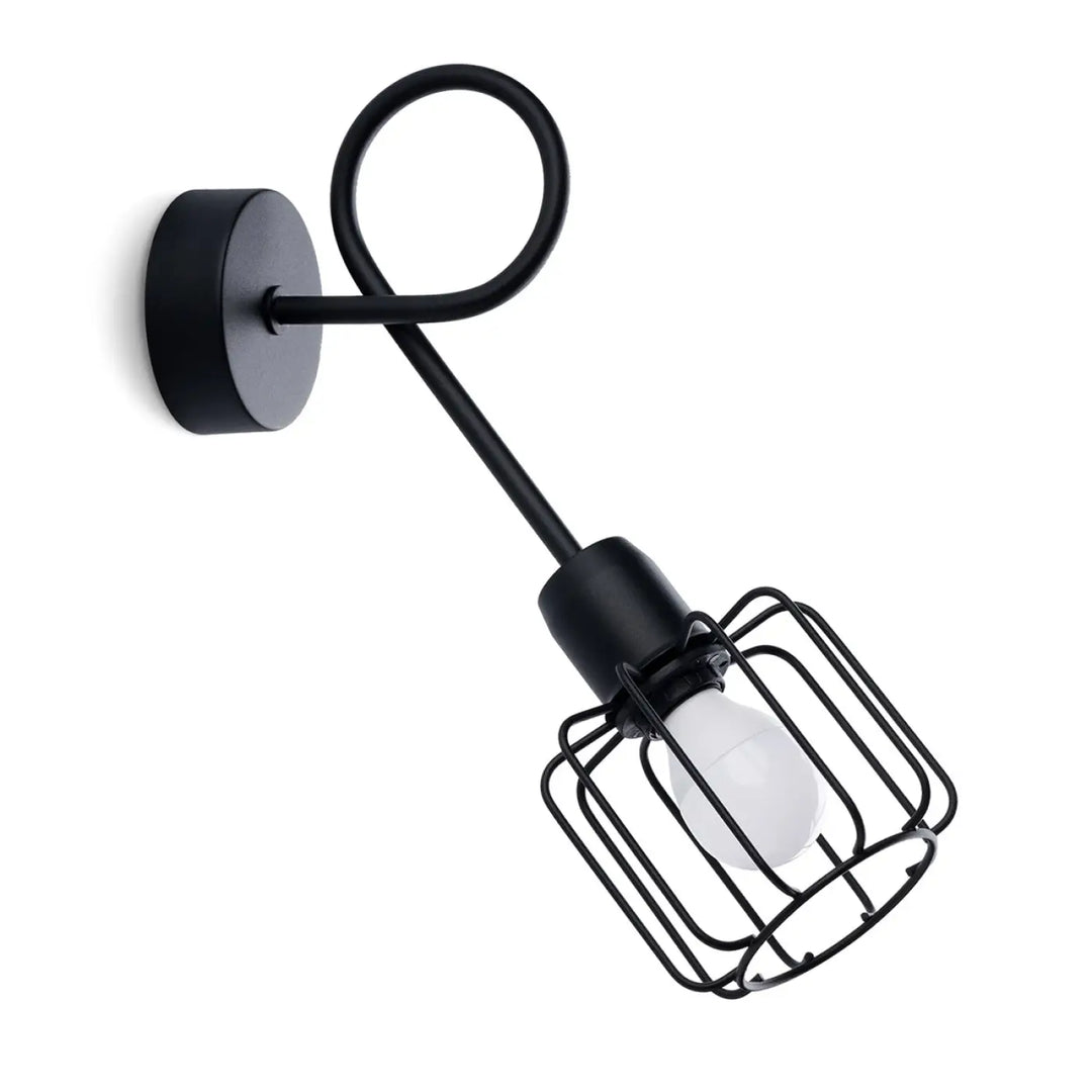 Applique murale beluci 1s noir style loft avec bras courbé et cage en fil métallique pour ampoule apparente
