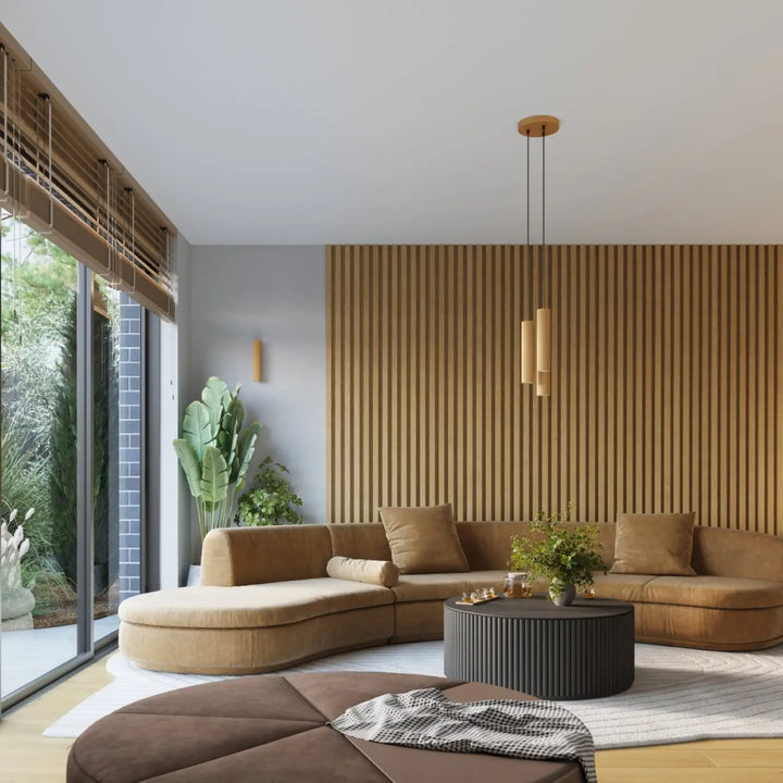 Sectionnel canapé en cuir tan avec design courbé et coussins assortis pour plafonnier karbon allie minimaliste