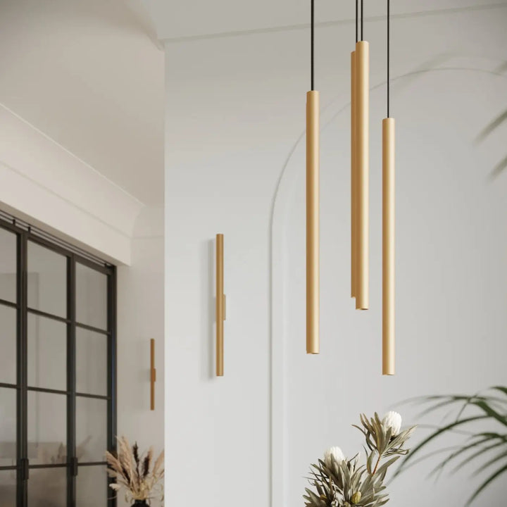 Applique murale pastelo 2 or avec lampes pastelo cylindriques dorées en design moderne suspendues par cordons noirs
