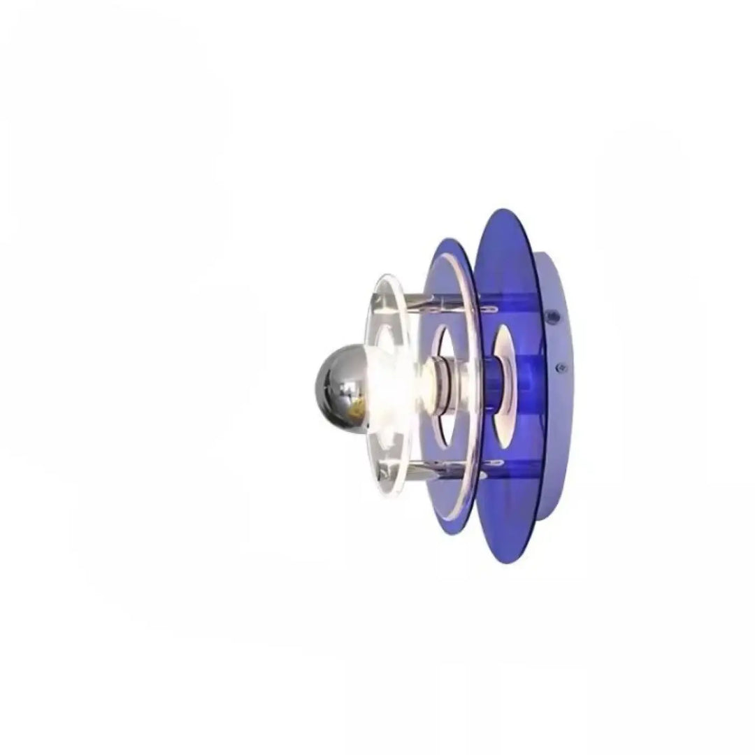 Applique murale azylo en acrylique bleu translucide avec anneaux concentriques et ampoule chrome style ufo flying saucer