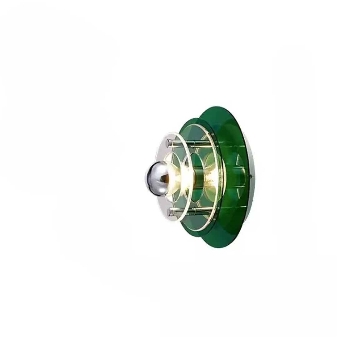 Applique murale azylo en verre vert et chrome avec design concentrique circulaire inspirée d un ufo flying saucer