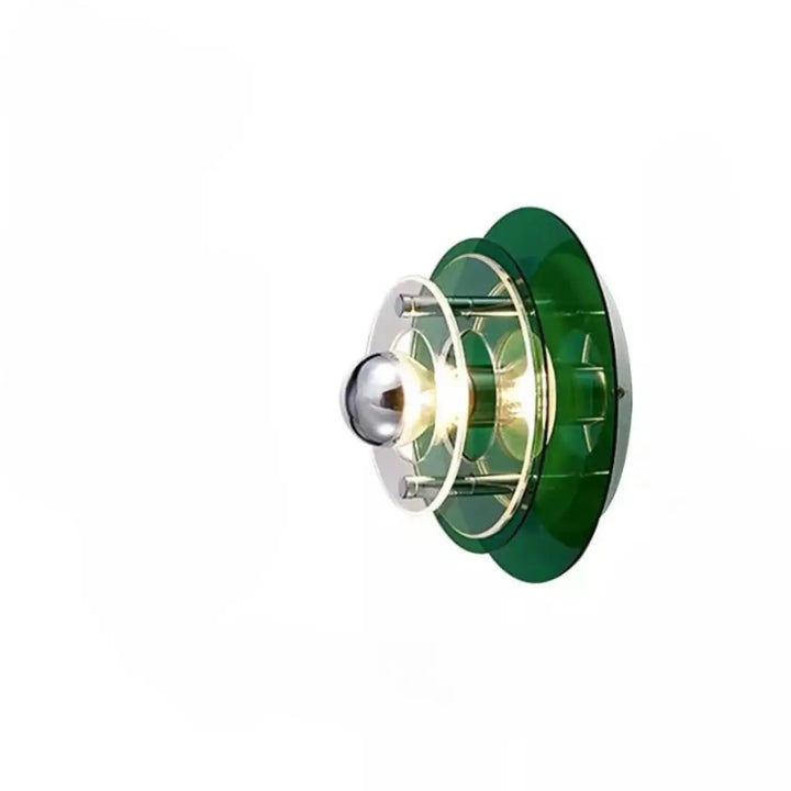 Applique murale azylo verte en verre avec ampoule sphérique chrome et anneaux concentriques style ufo flying saucer