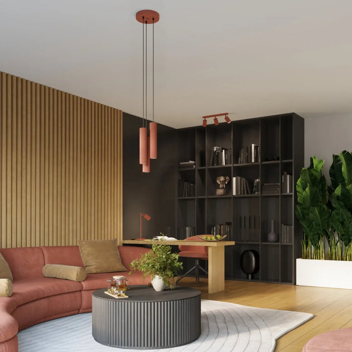 Applique murale karbon 30 rouge ocre avec plafonnier karbon allie et ampoules gu10 interchangeables design minimaliste