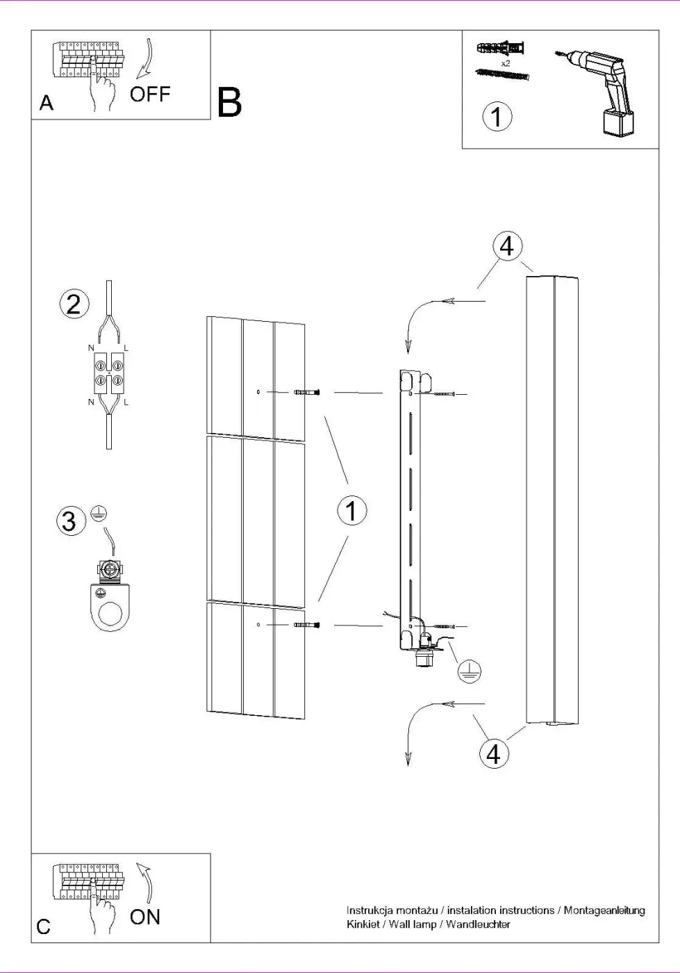 Dessin technique en noir et blanc d’un montage mural pour applique freya 60 rouge ocre de la collection cinq coloris