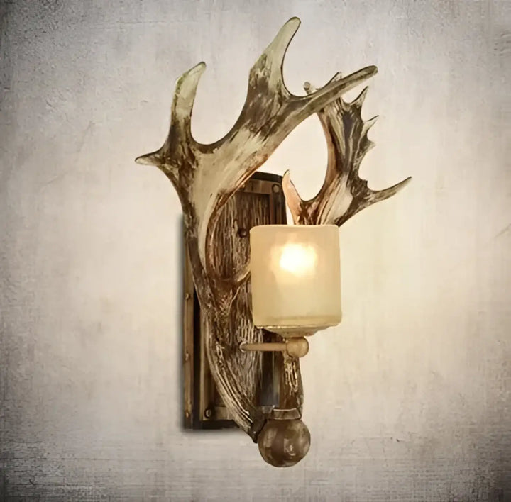 Applique Murale Rustique Avec Bois De Cerf Et Verre Givré