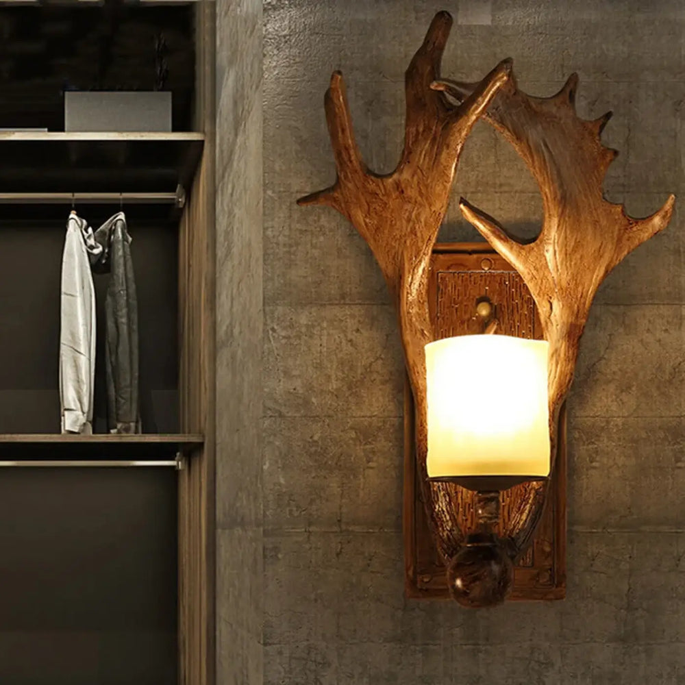 Applique Murale Rustique Avec Bois De Cerf Et Verre Givré