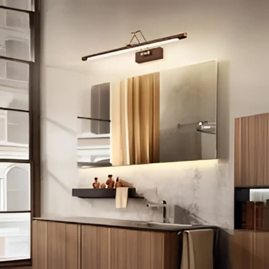 Applique murale scandinave miroir rectangulaire moderne avec éclairage led intégré et meuble en bois élégant pia