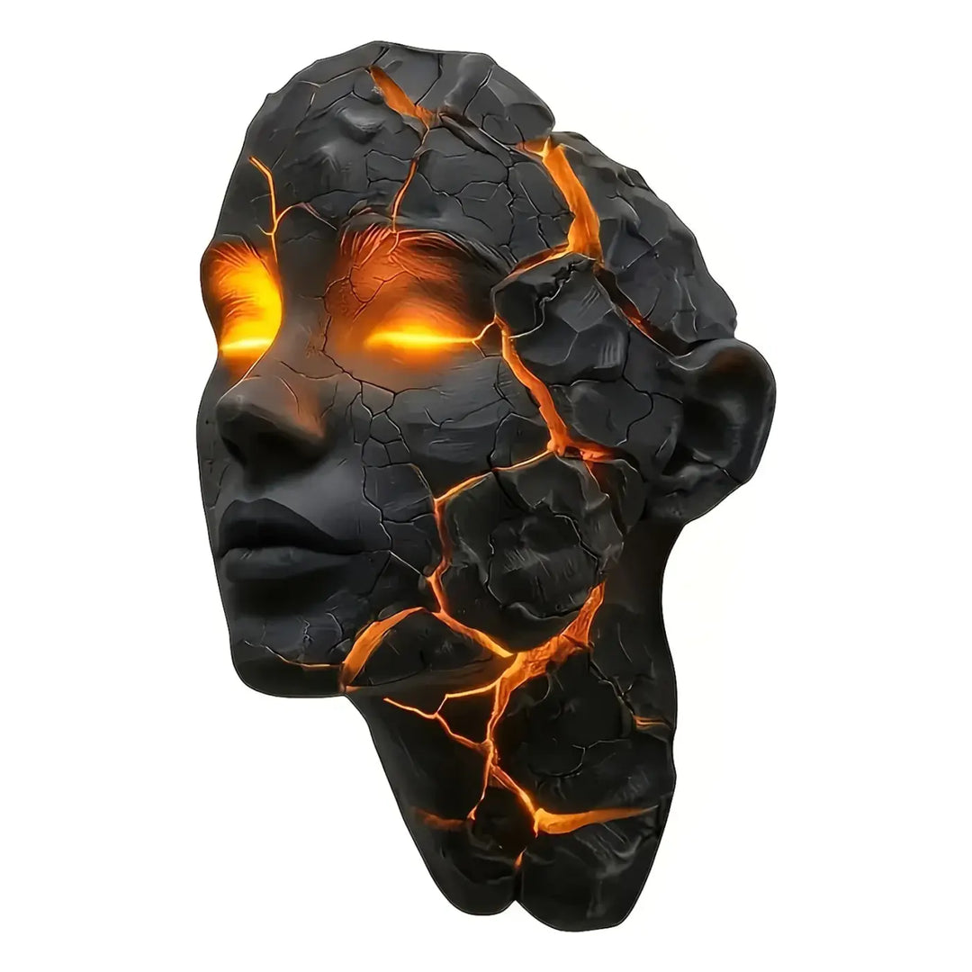 Applique murale sculpturale visage fissuré ambre noir chic