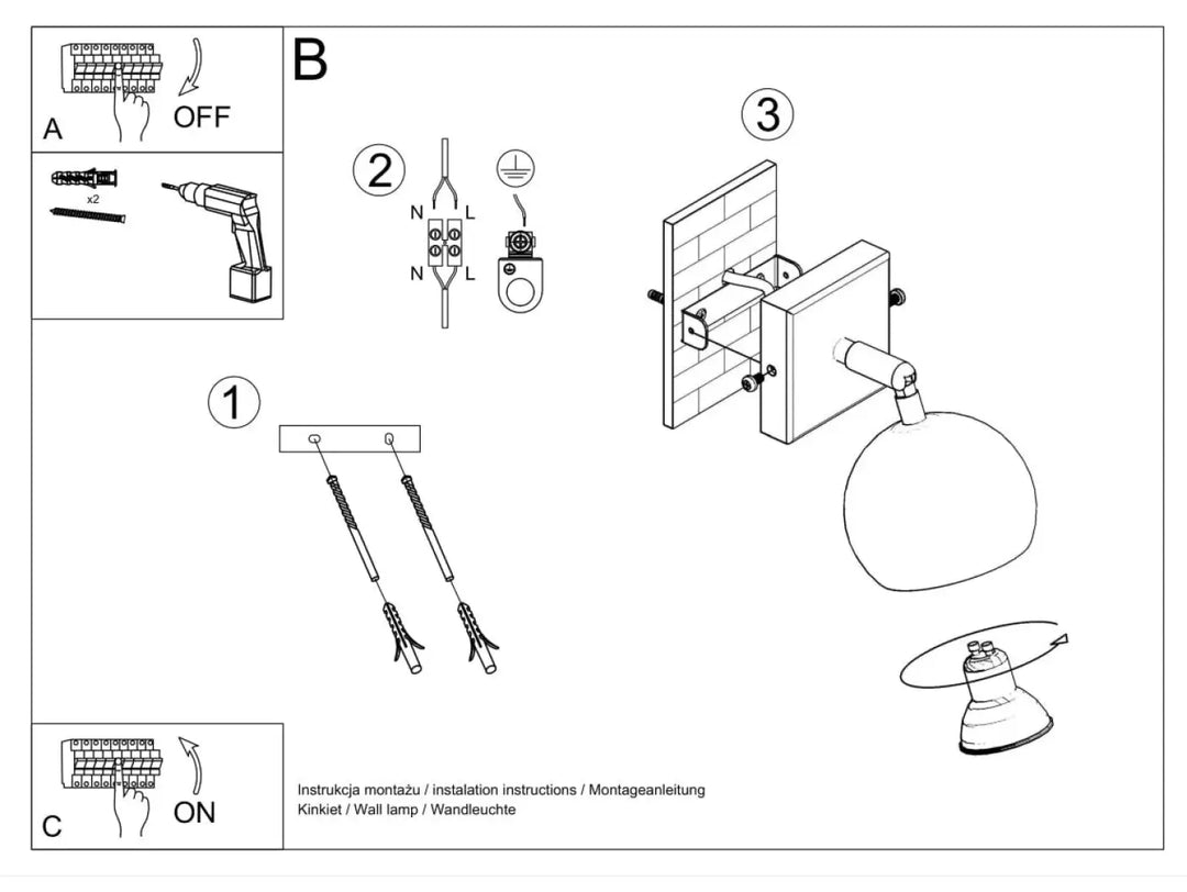 Schéma noir et blanc d’une applique murale moderne oculaire avec abat-jour sphérique et bras réglable pour illuminez précisément