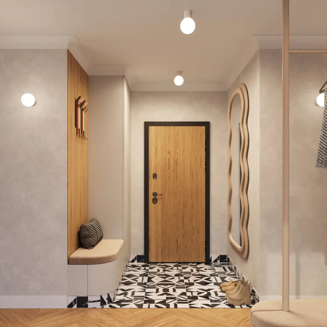 Applique murale taupe avec cadre noir et porte en bois à grain vertical idéale pour bureau décorative lampe halo forme unique