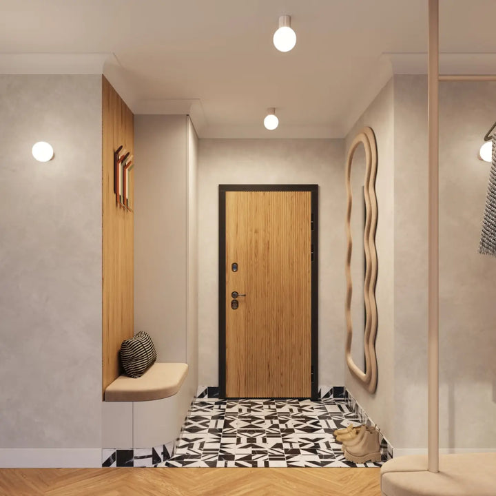 Applique murale taupe avec cadre noir et porte en bois à grain vertical idéale pour bureau décorative lampe halo forme unique