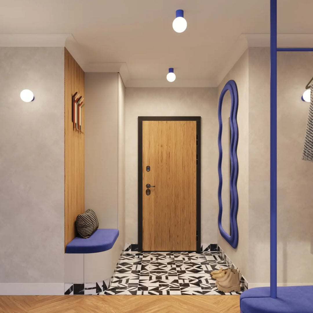 Miroir applique murale halo bleu ultramarin avec cadre ondulé pour bureau décorative et lampe halo sphère laiteuse