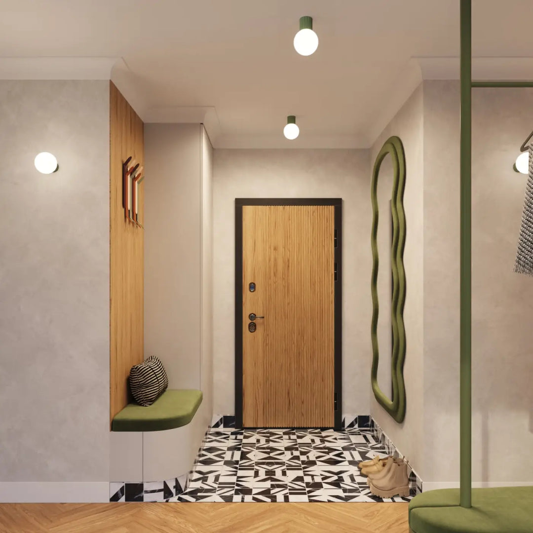 Porte en bois à grain vertical avec cadre noir et poignée métallique, lampe halo forme unique sphère laiteuse vert olive