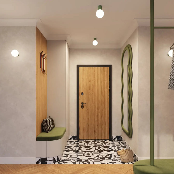 Porte en bois à grain vertical avec cadre noir et poignée métallique, lampe halo forme unique sphère laiteuse vert olive