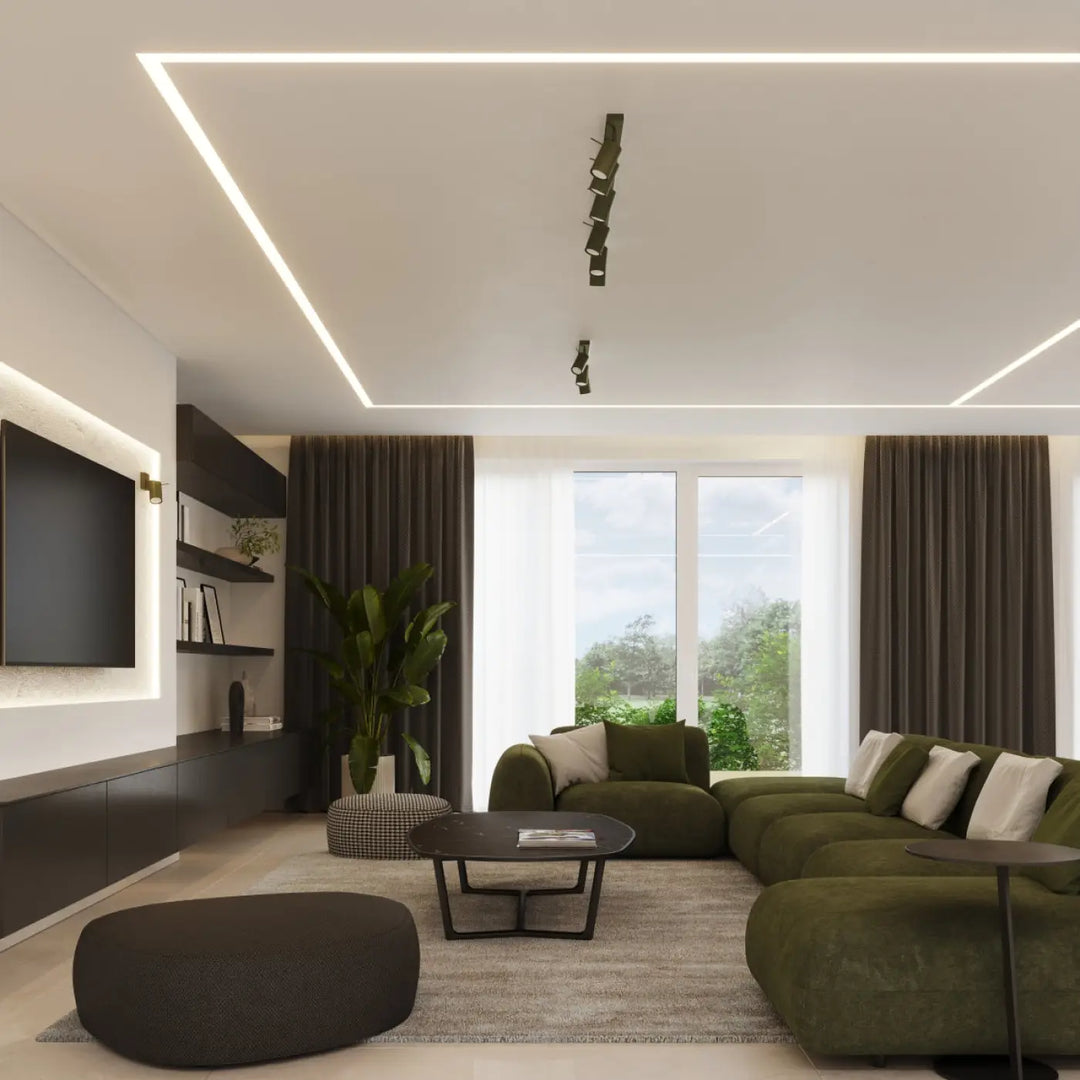 Canapé dangle en velours vert olive avec coussins blancs dans un style minimalisme moderne éclairage flexible lampe ring