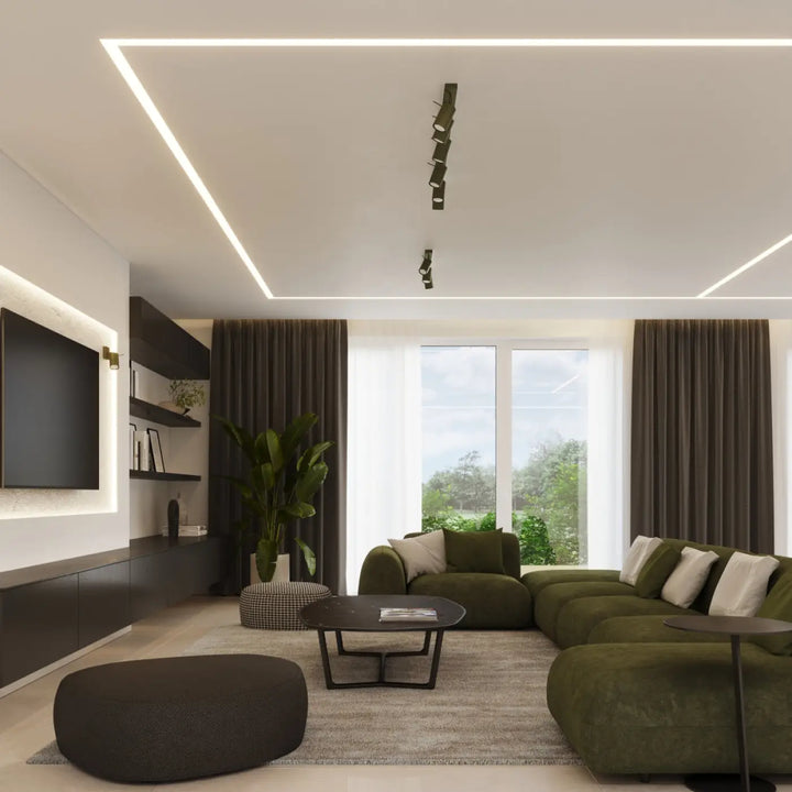 Canapé dangle en velours vert olive avec coussins blancs dans un style minimalisme moderne éclairage flexible lampe ring