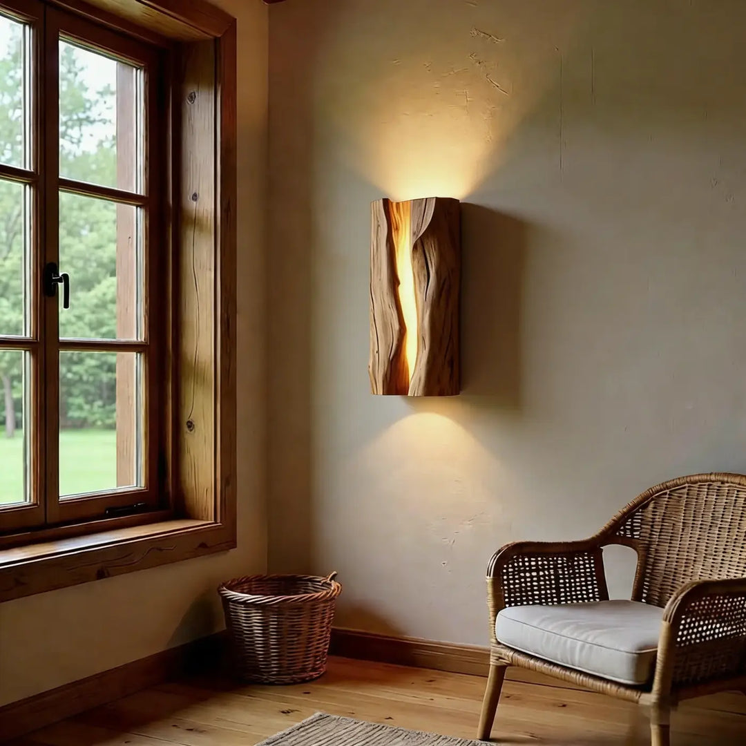 Applique murale en bois naturel avec design rustique et éclairage ambre chaud pour chambre à coucher