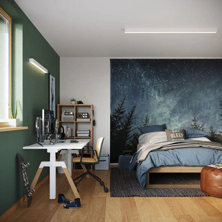 Ensemble de literie bleu avec oreillers assortis et plaid doux pour la collection pinne avec module led et paramètres d’éclairage
