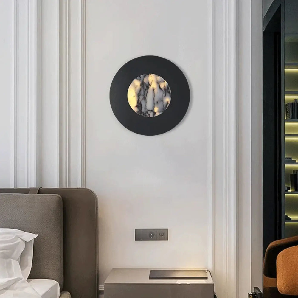Applique ronde en métal noir avec diffuseur marbre led
