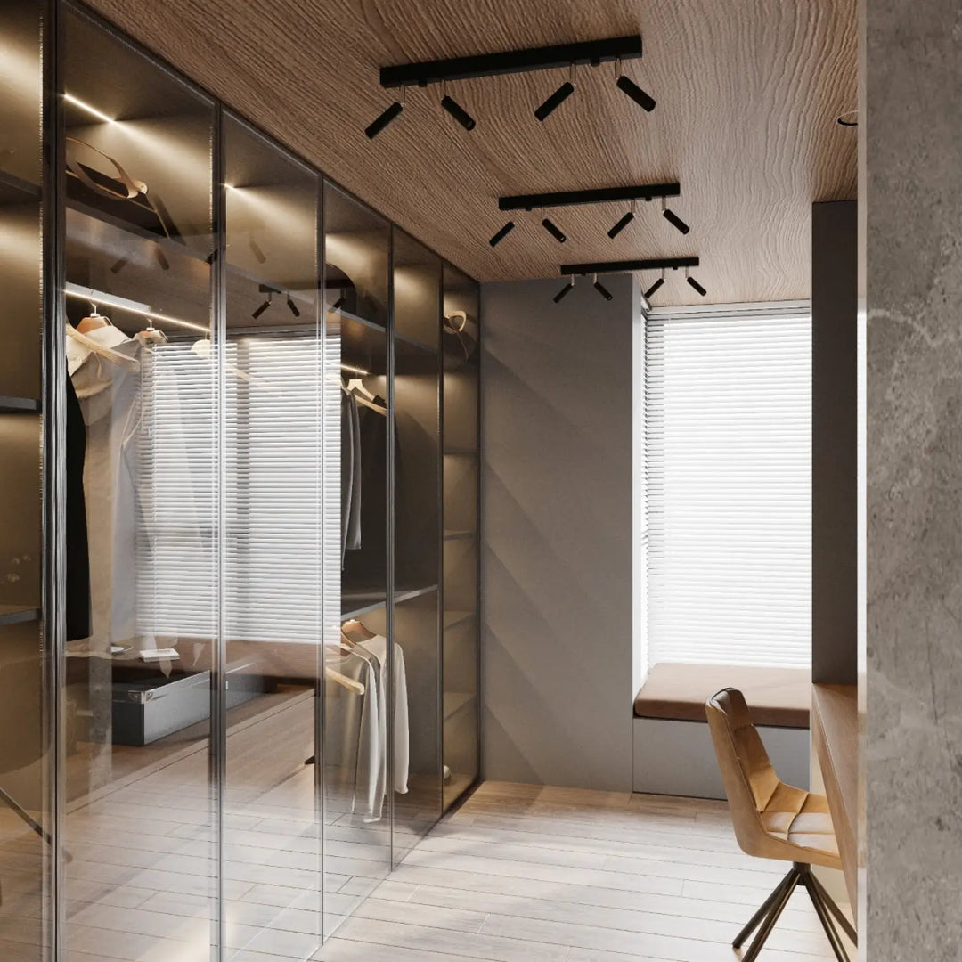 Applique murale moderne eyetech 1 noir avec faisceau eyetech de style industriel sur plafond en bois