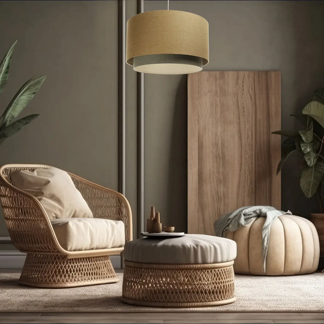 Beige fauteuil en rotin tressé duo boho elegant avec coussin pour assise et dossier dans les tons écru