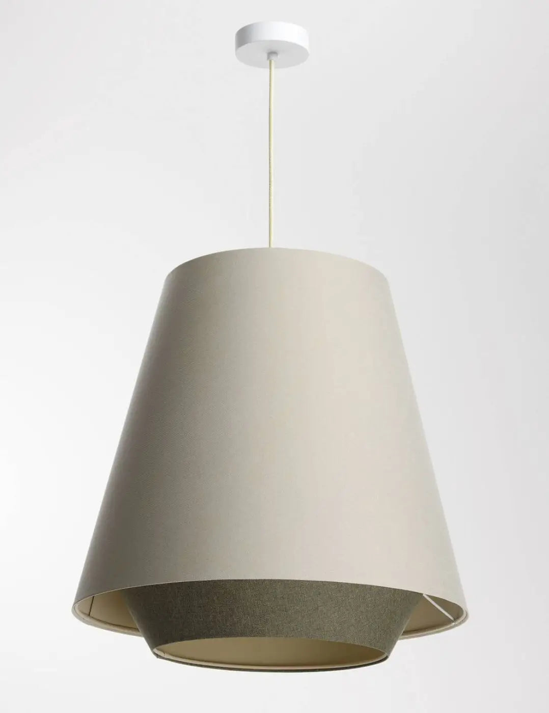 Suspension luminaire textile doblo avec abat-jour crème effilé en tissu et base gris texturé contrastant