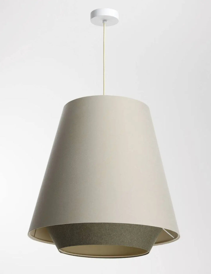Suspension luminaire textile doblo avec abat-jour crème effilé en tissu et base gris texturé contrastant