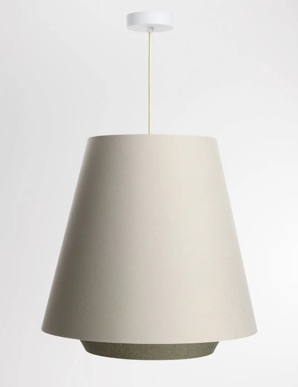 Suspension luminaire textile doblo crème avec abat-jour conique en tissu mat et fixation plafond circulaire assortie